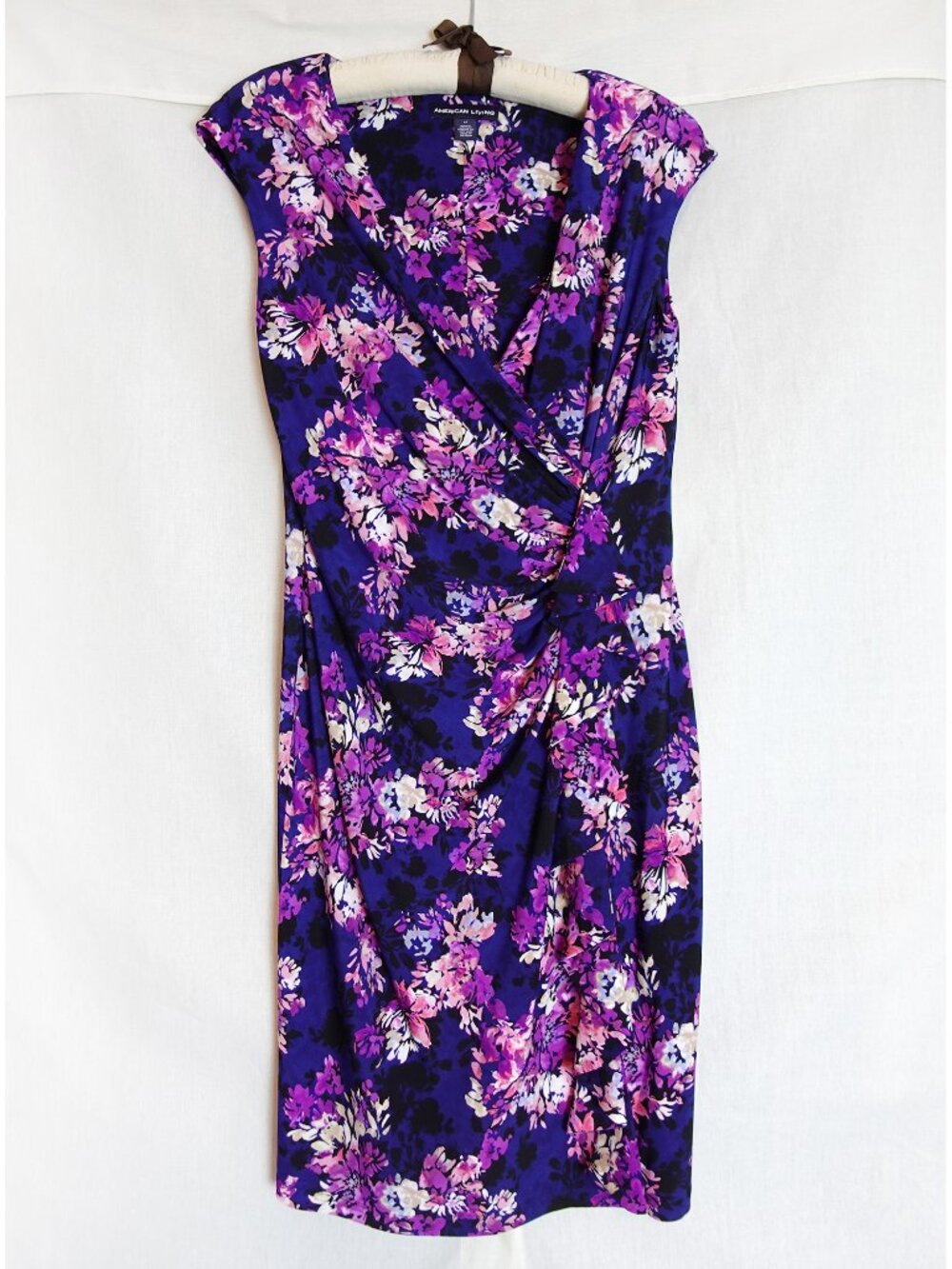 American Living Navy Floral Faux Wrap Ruffle Dress Size 12 - Picture 2 of 8
